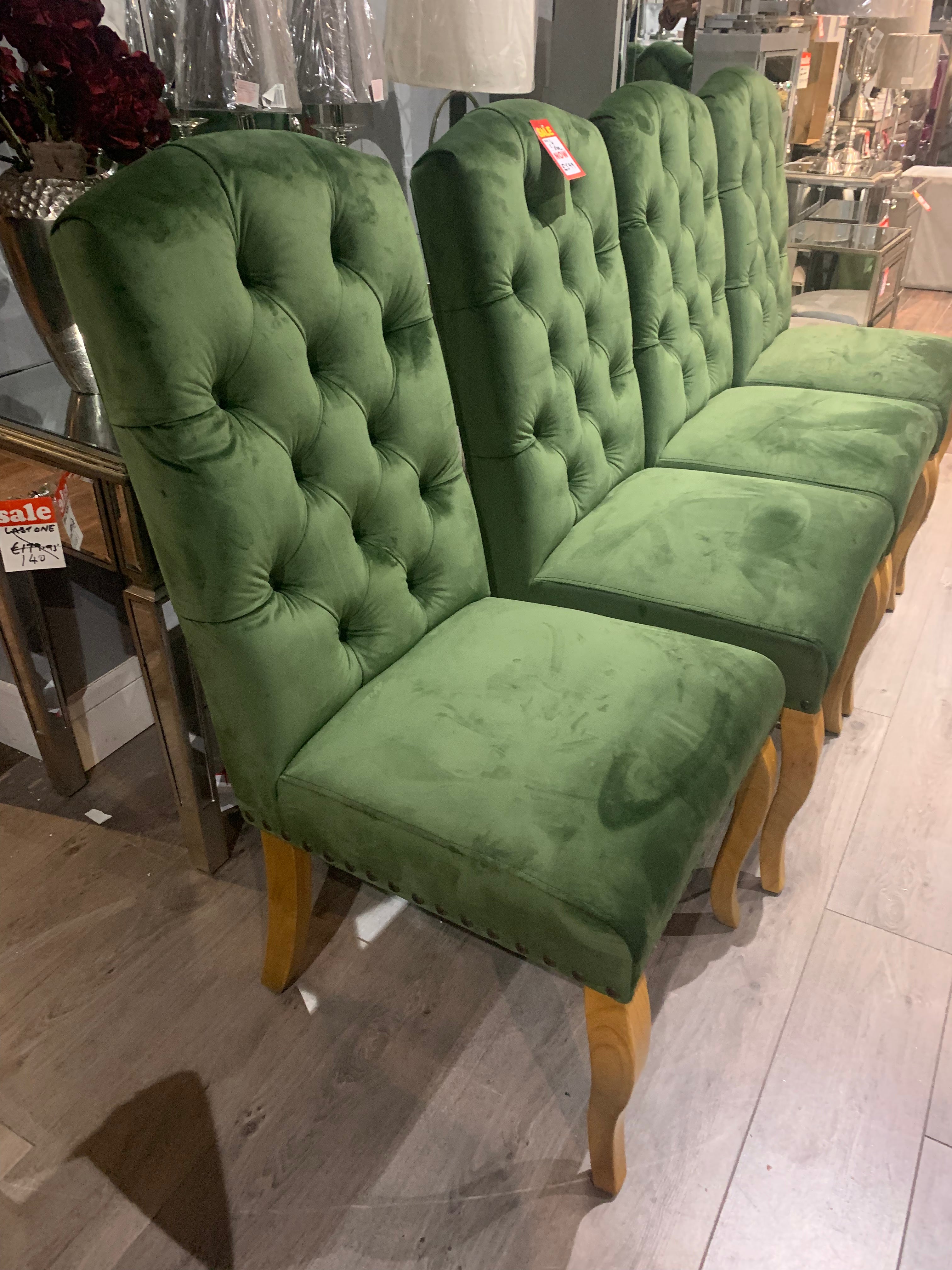 5  green velvet buttoned chairs sold as seen For Discount