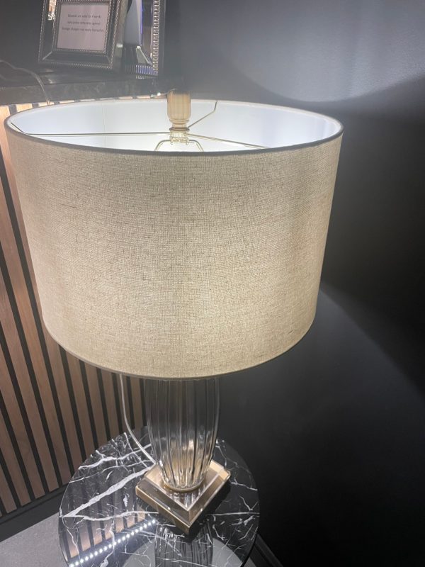 Tishan Kalmar table  Lamp. smokey ribbed glass w brass  base with cream shade click n collect on Sale