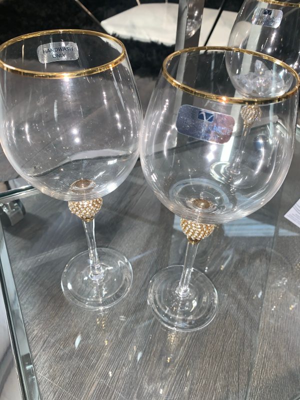 Set of 2 Platinum Goblet Diamanté Gold Wine Glasses Online now